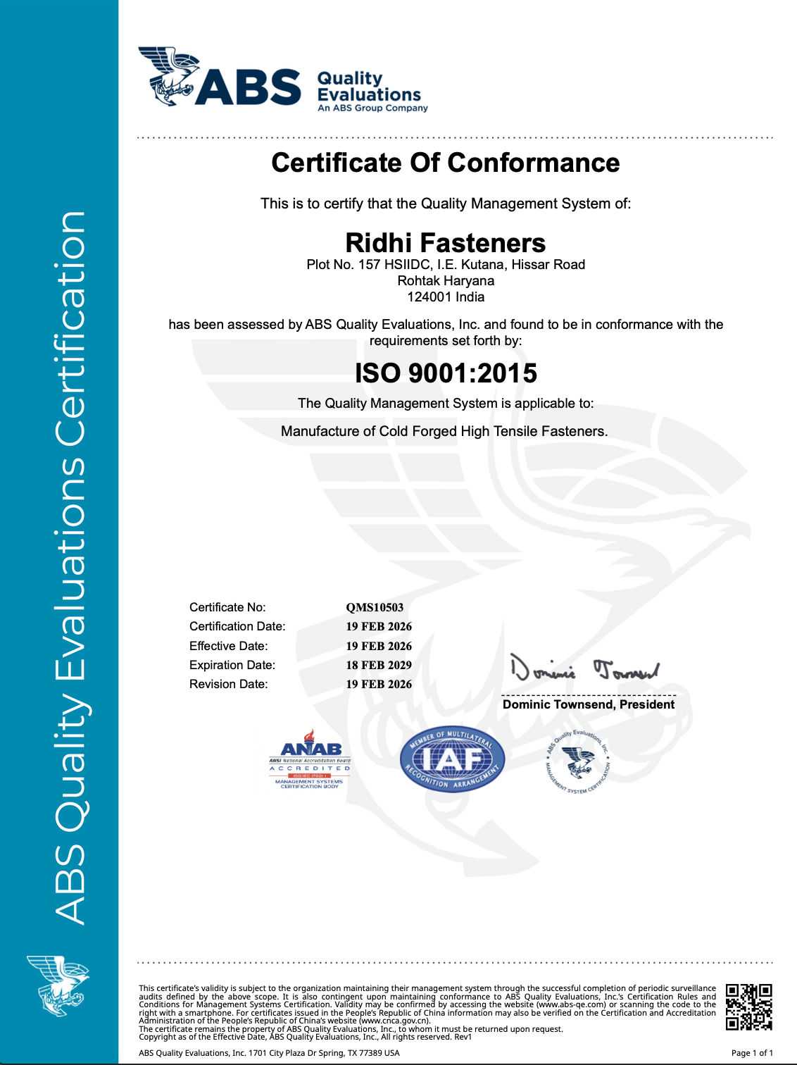 Certificate of Conformance
